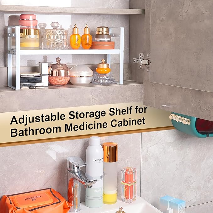 Small Expandable Medicine Cabinet Shelf, 3.58” Wide Metal Storage Stand with Adjustable Layers & Non-Slip Pads for Kitchen, Pantry, & Bathroom – White