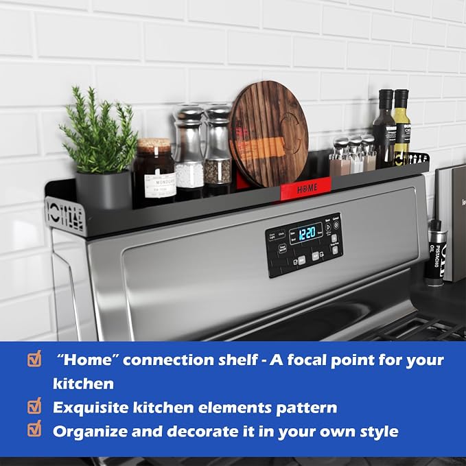 STUTOV 30" Magnetic Stove Top Shelf – Black Spice Rack with Red HOME Design – Seasoning Organizer for Back of Stove – Over Stove and Kitchen Storage Shelf