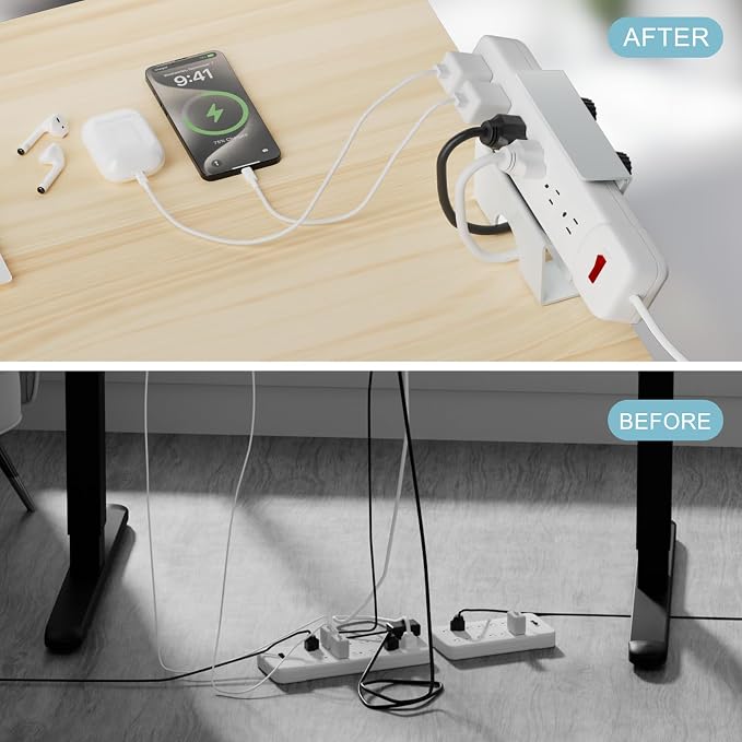 Power Strip Holder (4 Pack), No-Drill Clamp Mount for Power Strip, Under Desk Power Strip Holder, Fits 2"-4" Surge Protectors, for Desk Edge 0.2-2.56" (White)