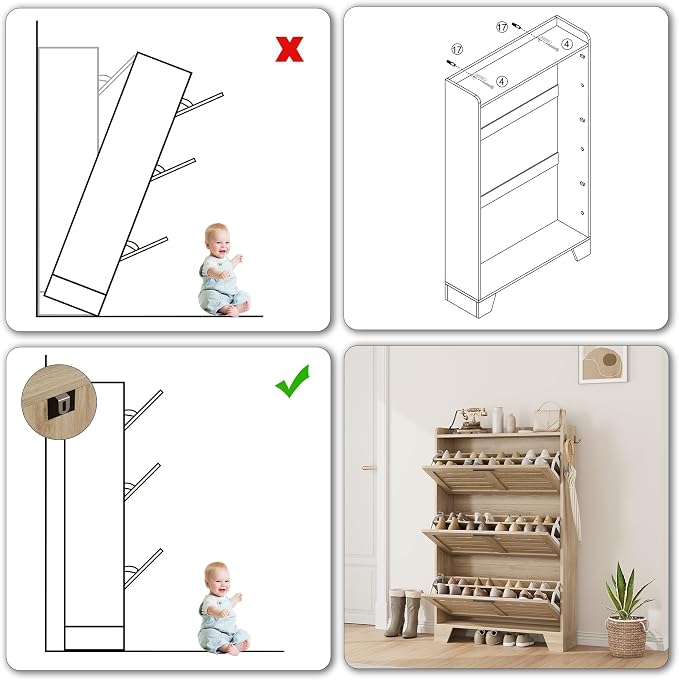 Garvee Shoe Storage Cabinet with 3 Flip Drawers, Freestanding Shoe Organizer Storage for Entryway with 2 Side Hooks, Farmhouse Hidden Slim Narrow Shoe Rack Cabinet, Natural Oak