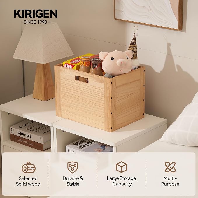 KIRIGEN Stackable Wood Storage Cube with Handles, Open Cubby Bin, Natural | Open-Front Wooden Crate Box for Books, Clothes, Shoes, Closet Storage, and Display for Home Office, Assembly Required