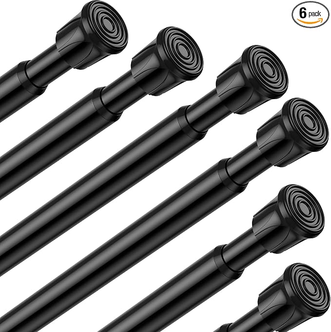 6 Pack Black Spring Tension Curtain Rods 18-28" No-Drill Adjustable | Wide range of uses: Spring loaded curtain rod for windows, closets or kitchen; easy install
