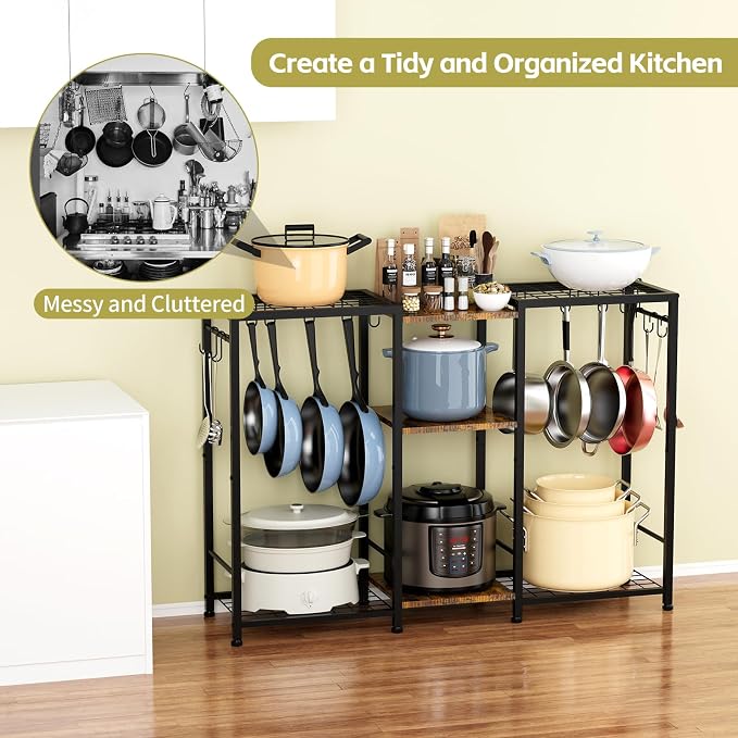 Pot Rack —Expandable Pot and Pan Organizer Rack, Freestanding Kitchen Pot and Pan Rack Storage Stand, Vertical Pan & Lid Hanging, Rustic Wood Top for Kitchen Storage & Organization