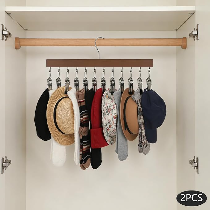 2 Pcs Closet Organizer with 12 Clips, Space Saving Hanging Closet Organizer Wood Hangers with Clips for Pants Hats Scarves Socks