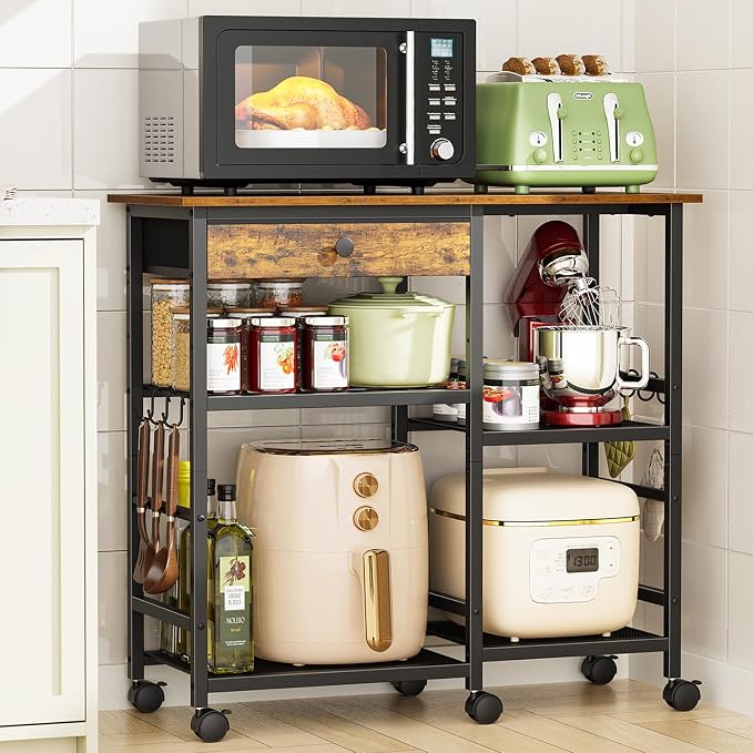 Microwave Stand, Coffee Cart, Microwave Cart with Wheels & Adjustable Shelf | Coffee Bar Table Station, Rolling Storage Cart Organizer Shelf for Living Room, Kitchen Island, Office, Rustic Brown