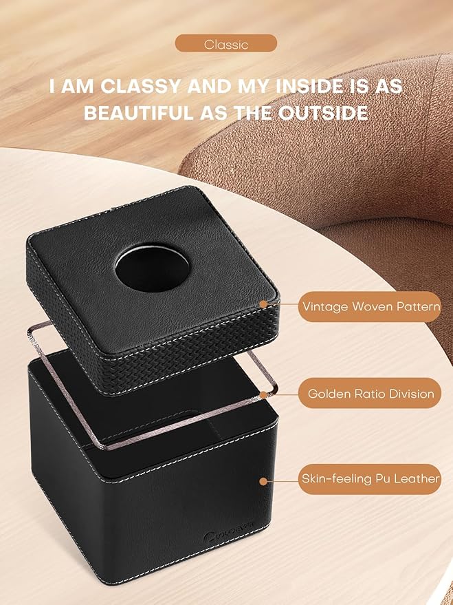 Tissue Box Holder Cover, Modern PU Leather Square Decorative Tissue Holder Organizer-Woven New Black