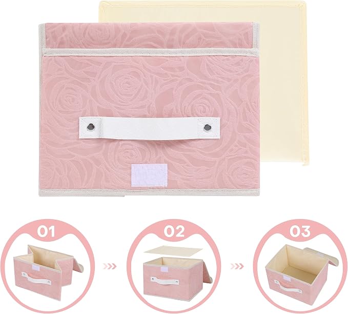ANMINY Fabric Storage Bin with Lid Rose Print Storage Box Basket with PU Leather Handles Washable PP Plastic Board Decorative Foldable Lidded Shelf Closet Organizer Container - Pink, Medium