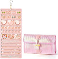 32-Pocket Hanging Jewelry Organizer and Foldable Travel Roll | Clear Zippered Pockets, Necklace Clasps, Swivel Hook and Carry Buckle Keep Pieces Visible and Tangle-Free, Pink