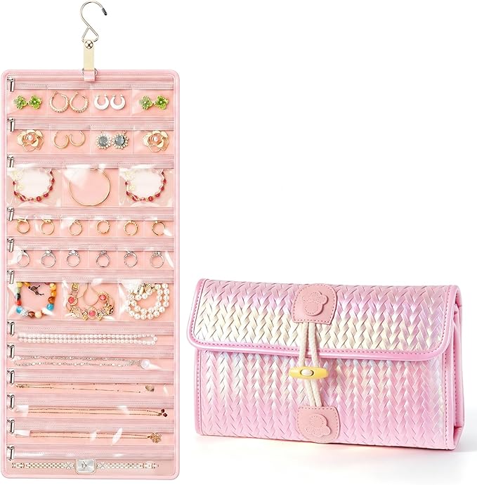 32-Pocket Hanging Jewelry Organizer and Foldable Travel Roll | Clear Zippered Pockets, Necklace Clasps, Swivel Hook and Carry Buckle Keep Pieces Visible and Tangle-Free, Pink