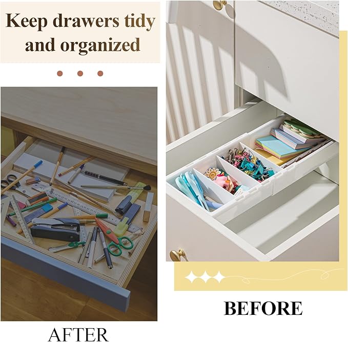 3 Pcs Expandable Drawer Organizer Bins Adjustable Deep Drawer Hanging Organizer Tray Expandable 11.4 to 18.1 Inches Plastic Dividers Storage for Office Bathroom Bedroom Kitchen Desk, White