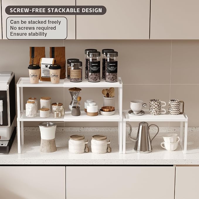 Magheo Expandable Kitchen Countertop Organizer, 2 Pack Stackable Cabinet Shelf Risers, Metal Spice Rack Heavy Duty Counter Organizer Storage for Kitchen, Pantry, Cupboard, Rv (8.7in Height,White)