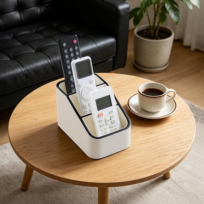 3 Compartments PU Leather Remote Control Holder, TV Remote Holder for Couch | Small Pen Desk Organizer for Office Bedside Living Room, Remote Caddy Nightstand Organizer