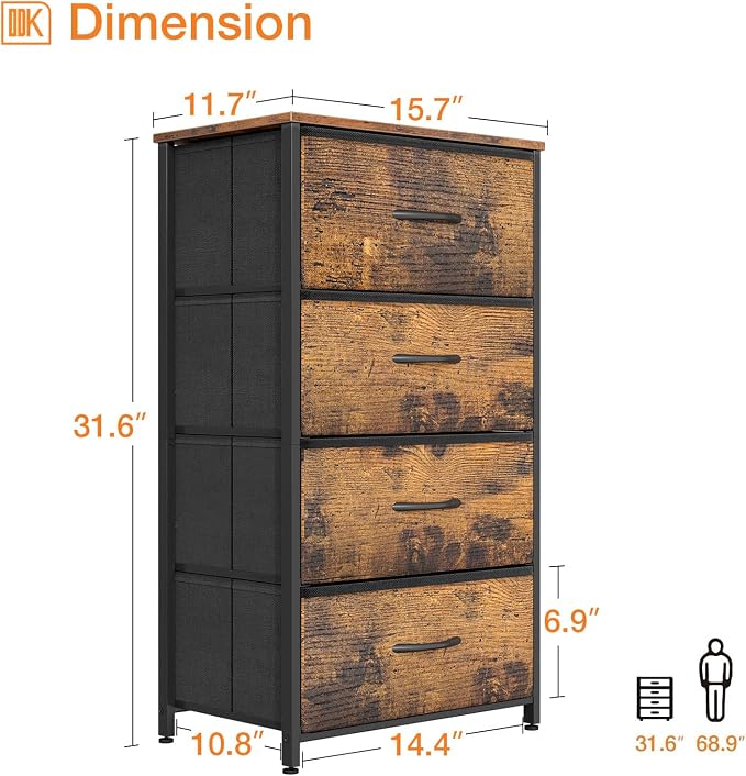 ODK Small Dresser for Bedroom with 4 Storage Drawers, Vintage | Dresser Chest of Fabric Drawers with Sturdy Steel Frame for Small Space, Wood Top