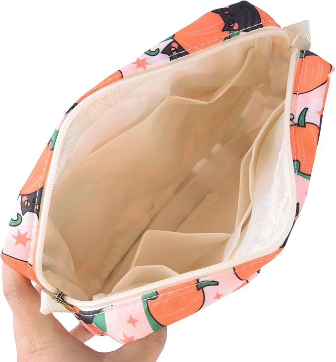 Multiple Pockets Portfolio Organizer with Zippered,Storage Pencil Pouch Bag | Waterproof Travel Toiletry Bag,Portable Pencil Pouch for Notebooks,Stationeries,Make-up,Journal Office Art Supplies,Pumpk cat