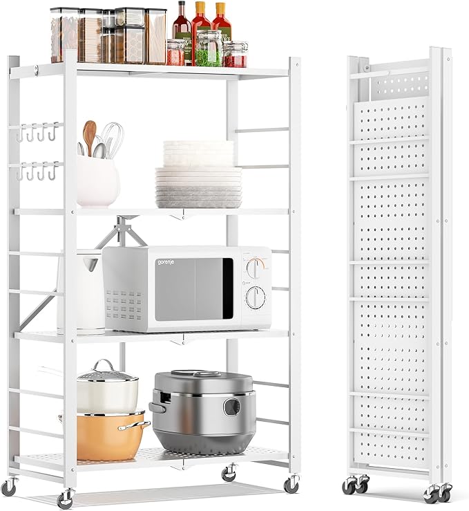 Fenbeli Foldable Shelves with Wheels - 4 Tier Folding Shelf, Collapsible No Assembly Metal Shelving Unit, Origami Storage Shelves & Rolling Storage Rack with 8 Hooks for Kitchen Pantry Garage