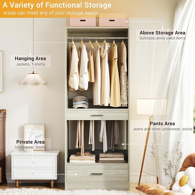 Homieasy Closet System Organizer with Hanging area, Pants Rack & Drawer – Expandable & Sturdy Modular Closet Storage Unit, Customizable Wardrobe Organizer for Bedroom or Walk-In Closet, White Oak