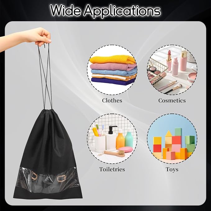 12 Pcs Portable Travel Shoe Bags, 17.3 x 12.6 Inches Waterproof Non-Woven Shoe Organizers Storage Bags, Large Drawstring Shoes Pouch Packing Organizers with Rope for Men, Women, Children (Black)