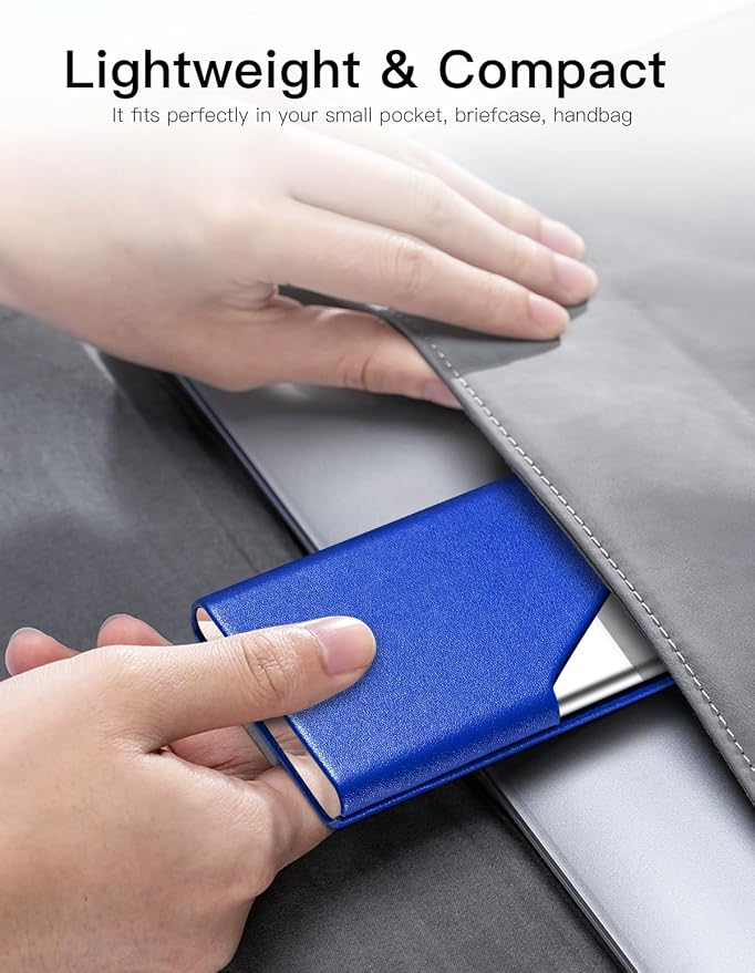 Padike Business Card Holder, Upgraded Leather Business Card Case Pocket Card Holders for Men or Women, Metal Slim Name Card Holder RFID Blocking Business Card Carrier with Magnetic Closure (Y-BU)