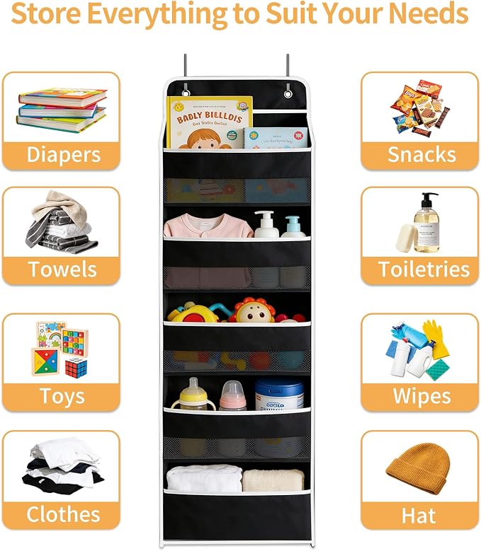 Over the Door Organizer, Door Storage Organizer with Large Capacity Pockets, Hanging Shelves for Bedroom, Closet, Dorm, Pantry (Black, 6-Tier)