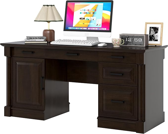 blini Large Farmhouse Executive Desk with Drawers，Wood Computer Desk，Embossed Texture Home Office Desk with File Cabinet Storage, Cable Management, Keyboard Tray，Working Table for Work Study Writing