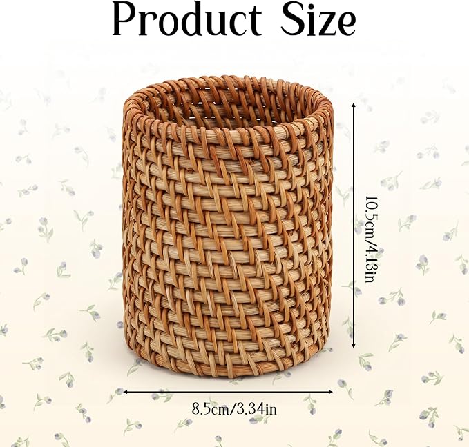 Wicker Pencil Holder, Cylindrical Hand Woven Natural Rattan Pen Holder Boho Desk Organizer Cup for Home Office Desk Storing Vanity Pencils Makeup Brushes Remote Control, Brown