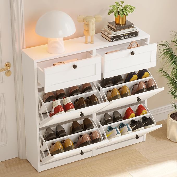 VOWNER Shoe Cabinet with 4 Flip Drawers & 2 Drawers, Freestanding Shoe Storage Cabinet with Adjustable Shelves, Shoe Organizer for Entryway, Hallway, Living Room (White)