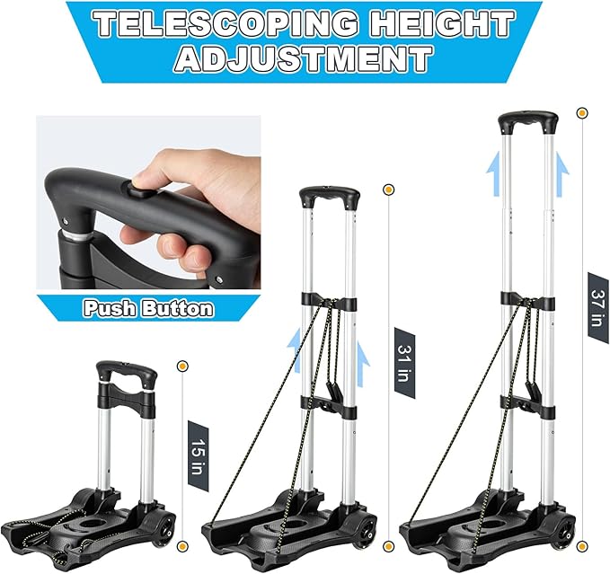 Vsaikeo Small Folding Hand Truck Dolly with 2 Wheels, Lightweight Aluminum Foldable Luggage Cart, Collapsible Cart Portable Dolly for Airport Travel Moving Use