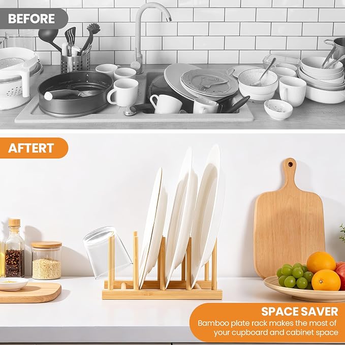 1 Pack Bamboo Wooden Dish Rack-Plate Pot Lid Cutting Board Organizer Holder Rack for Cabinet-Kitchen Cabinet Organizer for Dish, Pots, Lids, Bowls, Bottles, Books, and Puzzle