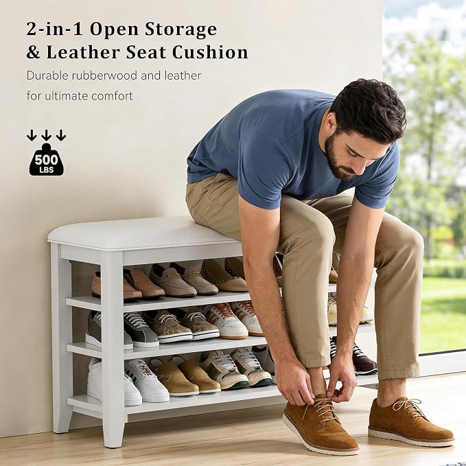 Taitiy Entryway Shoe Storage Bench, Shoe Organizer Bench for Entryway, Ideal for Hallways Front Doors Entrances Mudrooms Featuring Rubberwood and 3 Height-Adjustable & Removable Shelve