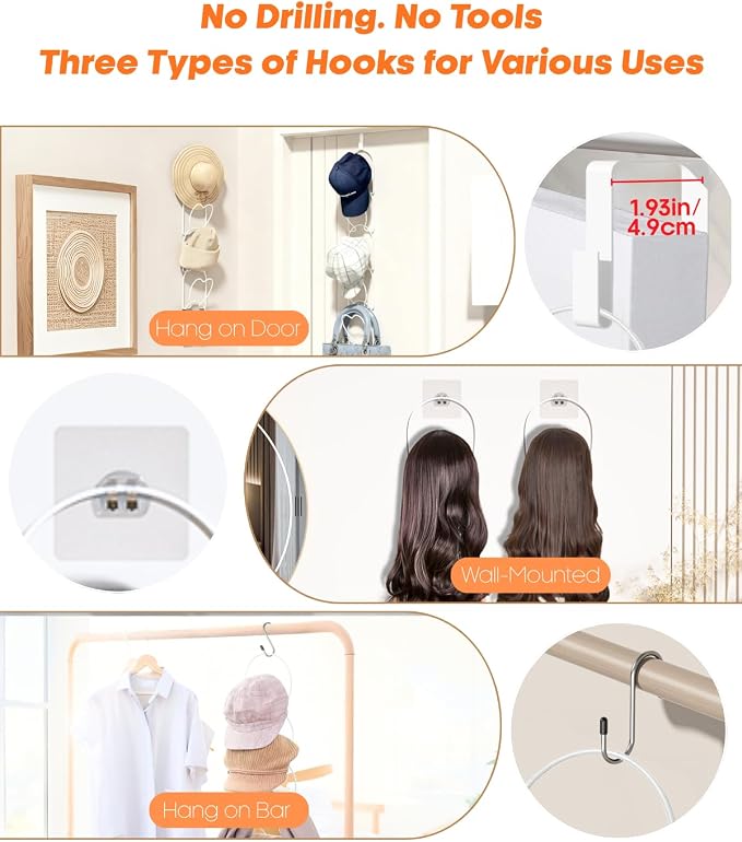 LINFIDITE 10 Pack Hat Rack Hanging Baseball Caps Display Storage Rack Hat Organizer Wigs Rack Over Door Wall Mounted Scarves Handbags Storage Holder for Door, Wall, Closet, Bathroom,White