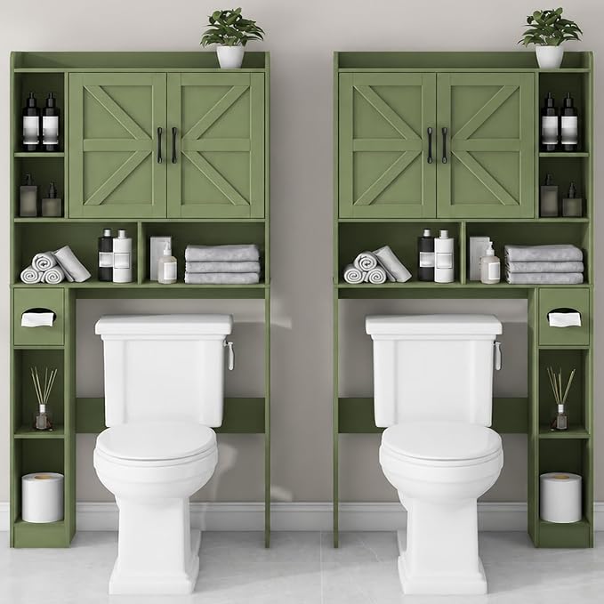 Vabches Over The Toilet Storage Cabinet with 2 Barn Doors, Green | Farmhouse Storage Cabinet with Toilet Paper Holder Stand，Home Space-Saving Toilet Rack, for Bathroom, Restroom, Laundry