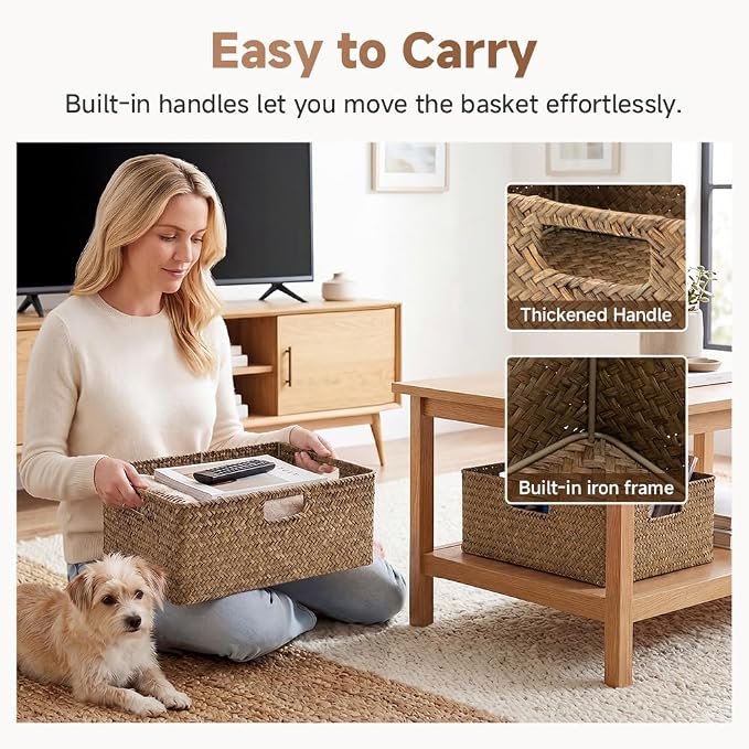 StorageWorks Extra Large Wicker Baskets for Organizing, Seagrass Baskets | Pantry Shelves, Kitchen Closet, Laundry, Bathroom, Table, Decorative, Book, Towel, Blanket, Food, Magazine, Medium, Handle