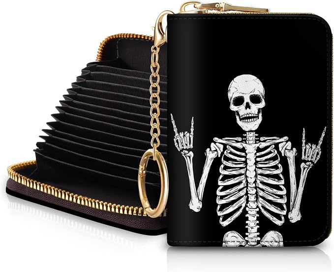 Blusabaca RFID Credit Card Holder Small Women Travel Wallet, Skull Skeleton | Removable Keychain, Case with Zipper, Vegan PU Leather, Cash Coin Pocket, Business Accordion Purse, Ladies Female Gift