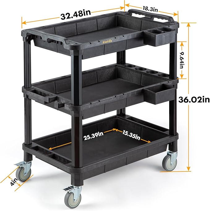 ELAFROS 3-Shelf Heavy Duty Rolling Utility Cart, 32.4 x 18.3 in | Multi-Use Service Tool Cart, 500 lbs Capacity, Deep Shelves, Industrial-Grade Plastic Cart, Mobile Work Organizer