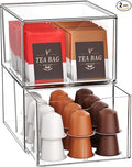 2 Pack Clear Tea Bag Organizers with Adjustable Dividers, Stackable Tea Drawer Organizer Box for Pantry, Coffee Bar, Kitchen Cabinet, Acrylic Food Storage Bins for Snacks, Sugar & Spice Packets