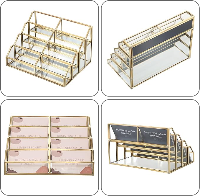 Hipiwe Mirrored Glass Business Card Holder Gold Business Card Display Stand for Desk Multiple Clear Business Card Holder Display for Office Desktop Cards Display Stand for Women Men, 8 Slots