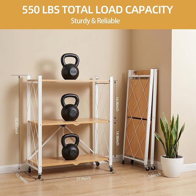 3-Tier Folding Storage Shelves with Wheels – No Assembly, Heavy Duty Collapsible Rolling Shelf Unit for Kitchen, Bedroom, Living Room