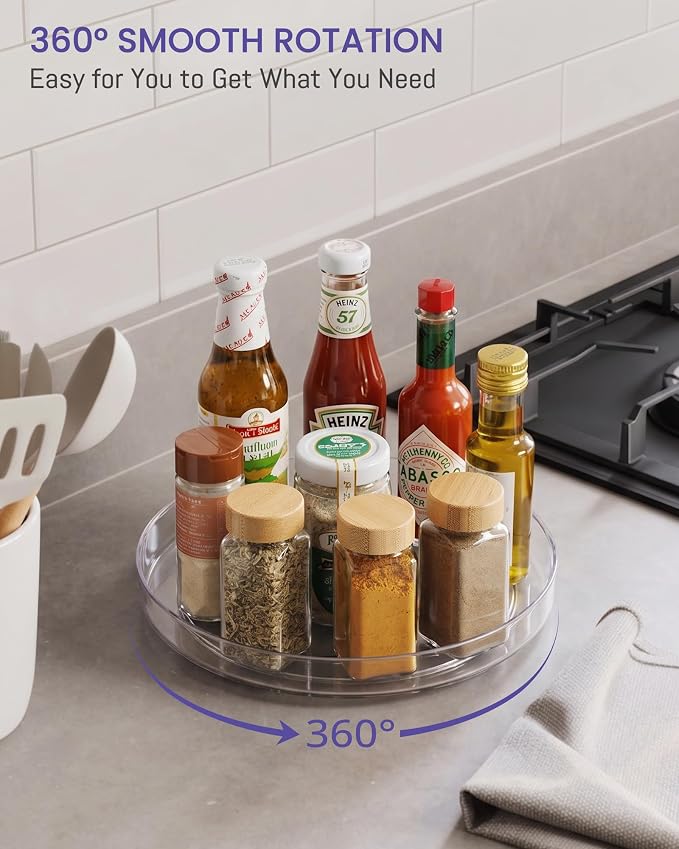 2 Pack 9 Inch Clear Acrylic Lazy Susan, Non-Skid Turntable Organizer for Cabinet, Kitchen, Pantry Organization Storage, Refrigerator, Vanity Makeup, Bathroom Countertop Organizing, Rotating Spice Rack
