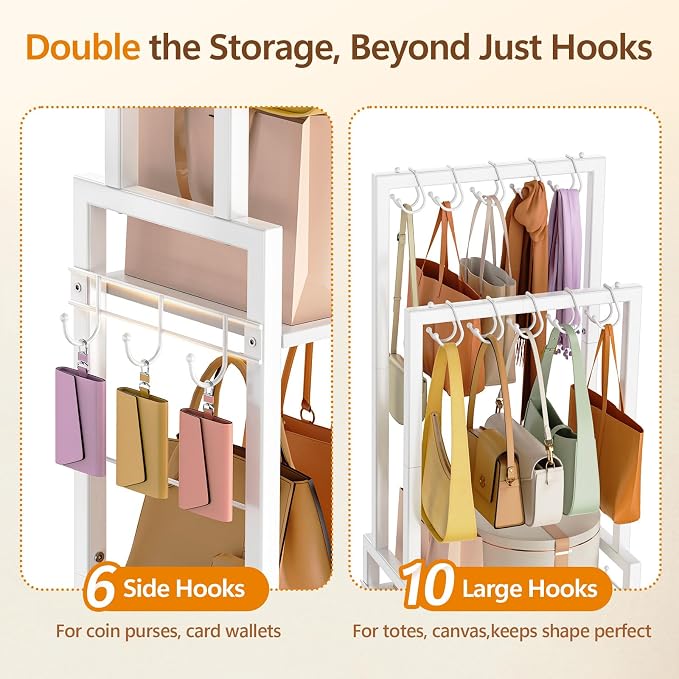 Tall Purse Organizer for Closet with 10 Purse Hanger & 6 Side Hooks,Floor-Standing Purse Rack Stand for Purse Storage,Narrow & High-Capacity Handbag Organizer,Multi-Purpose Purse Shelf for Small Place