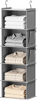 Foldable Hanging Closet Organizer, 5-Shelf Hanging Shelves with Side Pockets, Space Saving Storage for Clothes and Accessories