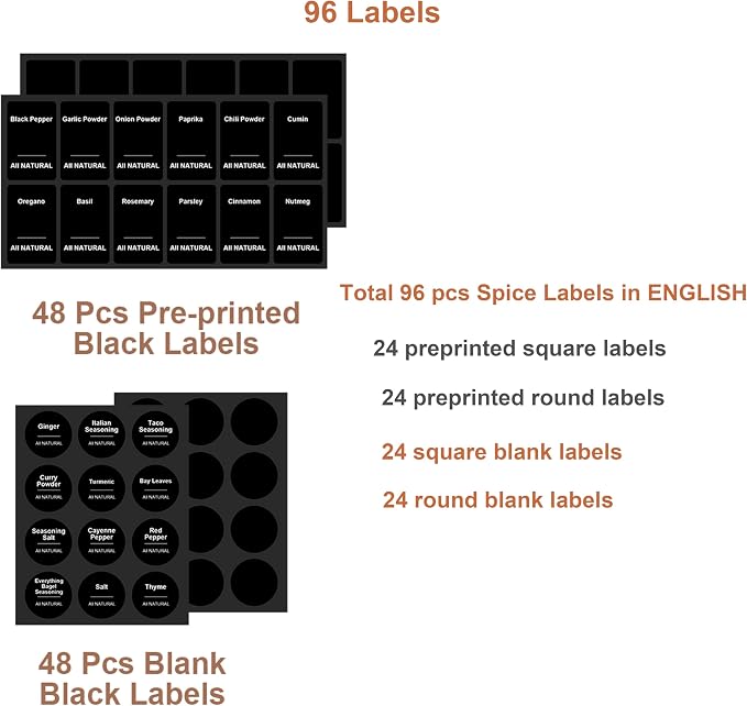 Preprinted Labels - Black Waterproof Stickers for Kitchen Dinning Spice Jars, Seasoning Labels for Kitchen Pantry Organization- 96 Pcs (Jars NOT Included)