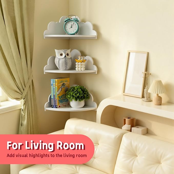 Cloud Corner Floating Shelves Set 3 Wall Mounted for Kid's Room | White Corner Wall Shelf Floating Wooden Wall Mounted Shelves Clouds Dispaly Shelf for Kid’s Room,Toys, Plants & Storage
