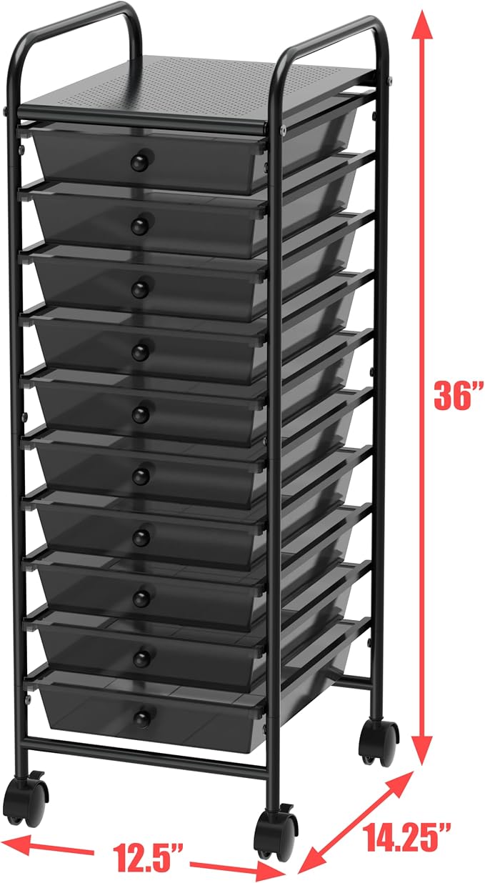 Simple Houseware 10 Drawers Rolling Utility Cart Organizer, Black | 1-Column, 36" Height, Lockable Wheels, for School, Office, Art Craft, and Paper Storage