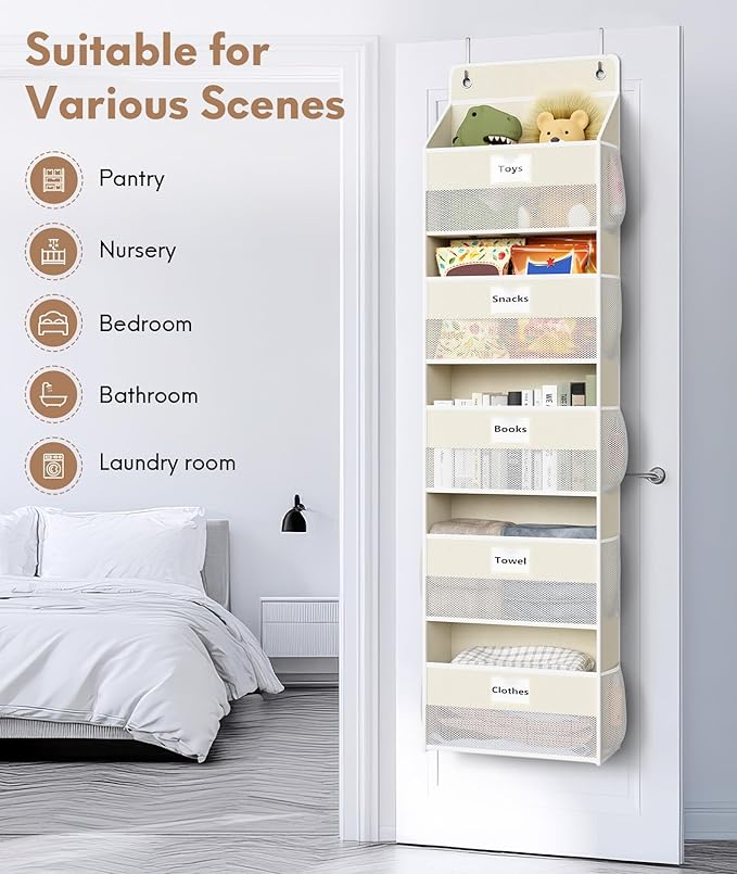 Optish Over The Door Organizer Hanging, 2 Pack 5 Shelf Behind The Doors Storage, Pantry Door Organizer, Closet Organizers for Bedroom and Nursery (Beige)