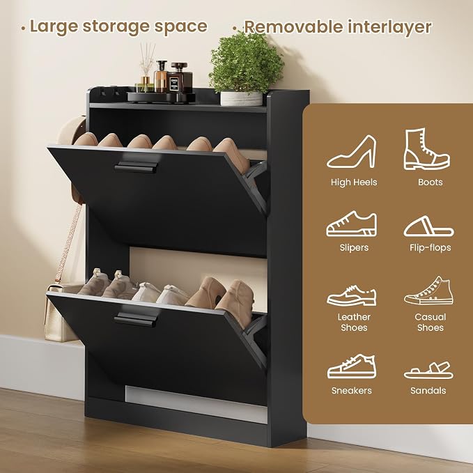 Shoe Cabinet Organizer with 2 Flip Drawers, Freestanding Shoe Rack Cabinet, 23.6" W × 6.3" D × 33.1" H Narrow Shoe Cabinet Storage for Entryway, Foyer, Hallway, Black