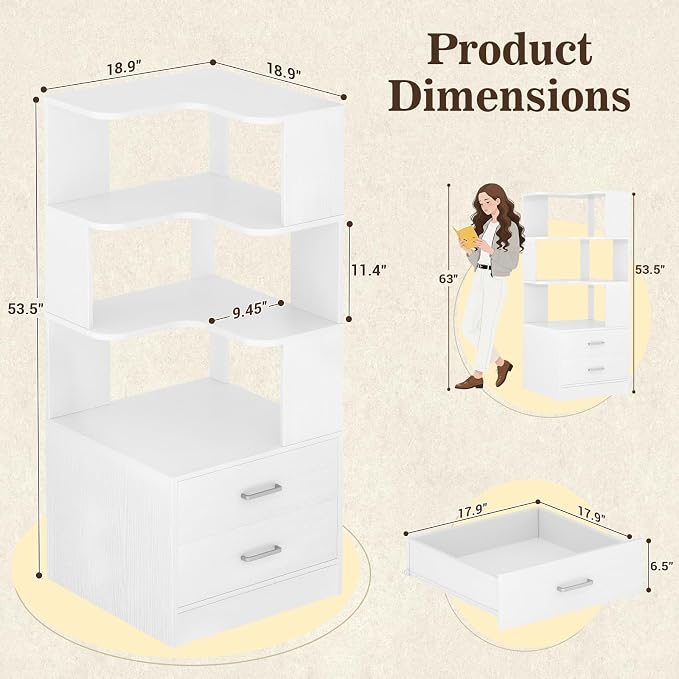 Armocity Corner Bookshelf with Drawers, 6 Tier Corner Book Shelf Display Bookcase, Freestanding L Shaped Bookshelf for Bedroom, Living Room, Home Office, White