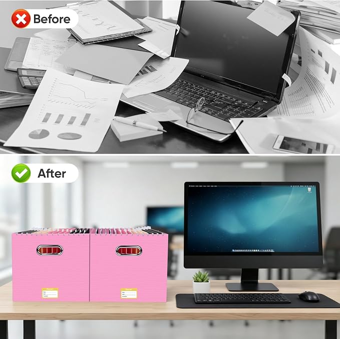 BALEINE File Organizer Box, Cardboard File Folder Organizer with Handle for Letter Size, Portable Collapsible Hanging Filing Box for Home Office Document Storage (1 Pack, Large Pink)