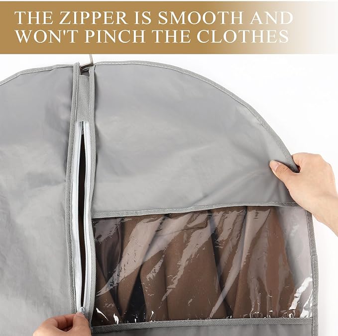 60Inch Garment Bags Covers, Gray Hanging Clothes Bag, Suit Cover Bags with Clear Window for Hanging Closet Clothes Storage and Travel (1, Gray, 60 inch)