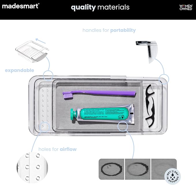 madesmart Expandable Toothbrush Drawer Organizer with Drying Stone, Clear Dental Organizer Tray for Bathroom Drawers, Toothpaste Holder, Dental Floss, Water Flosser and Mouthwash, 12 to 20 Inch