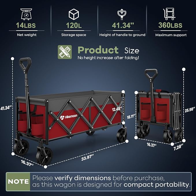 Hikemoon 34'' Extra Long Collapsible Wagons Carts Foldable, 360LBS Heavy Duty Folding Beach Wagon with Wheels, Portable Utility Outdoor Cart for Grocery, Garden, Sports, Camping, Red & Grey